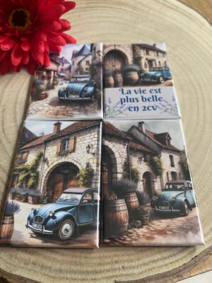 Lot de 4 magnets rectangulaires – Voiture 2CV & charme français